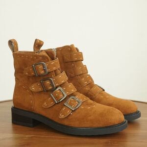 Aerosoles Womens Arezzo Ankle Booties Size 6.5 Faux Suede Brown Buckles